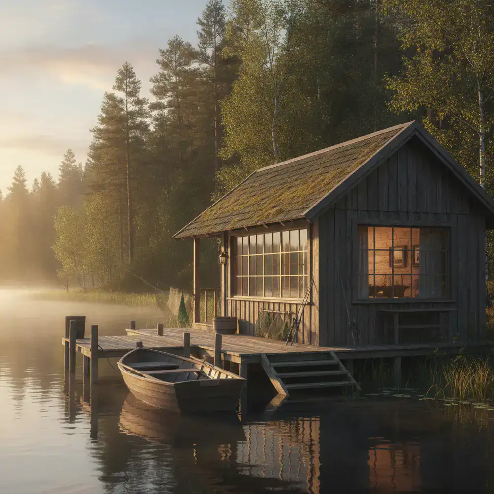 Arte conceitual do estúdio mostrando uma cabana de pesca iluminada pelo sol