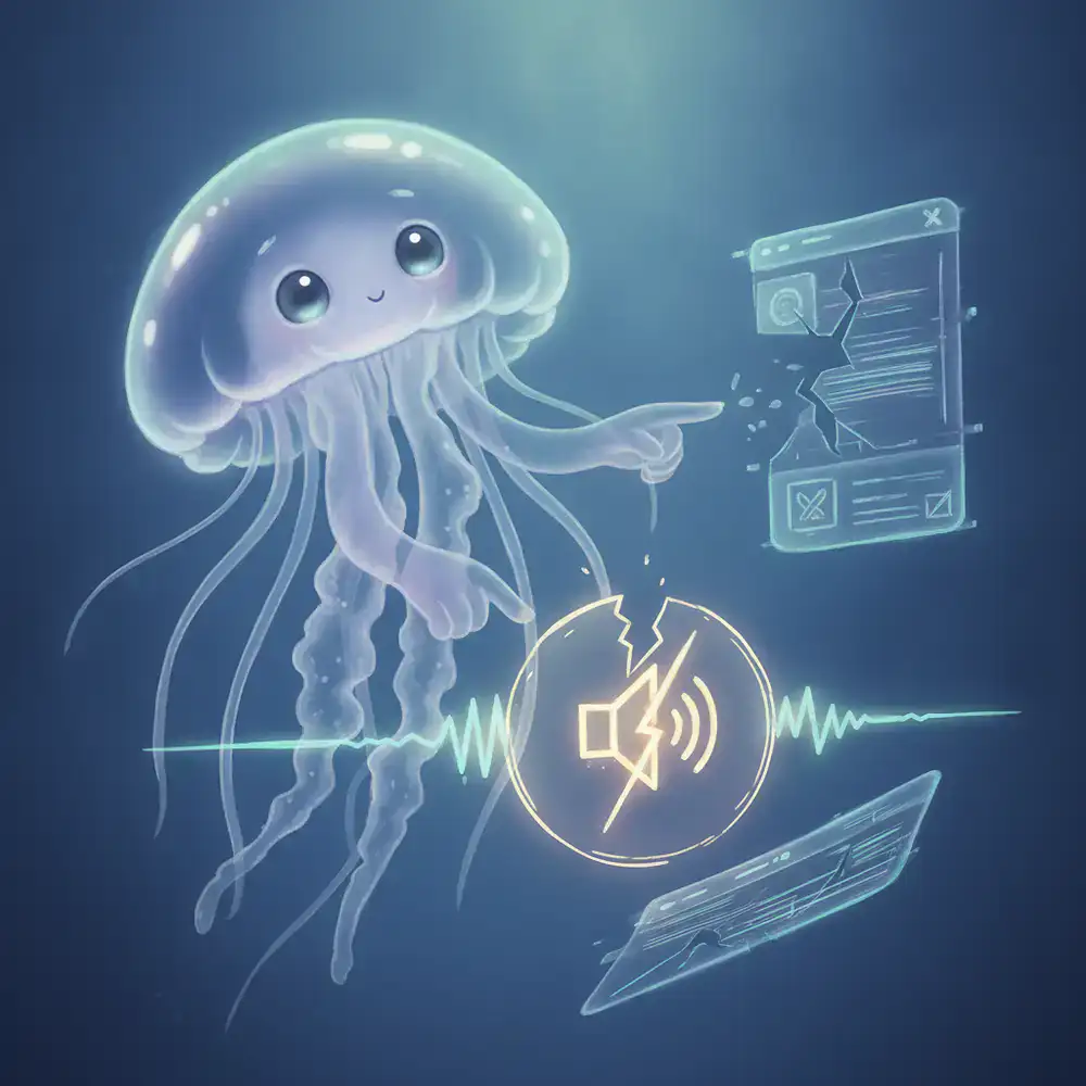 Ilustração de uma água-viva amigável indicando falhas sonoras ou problemas na interface do usuário