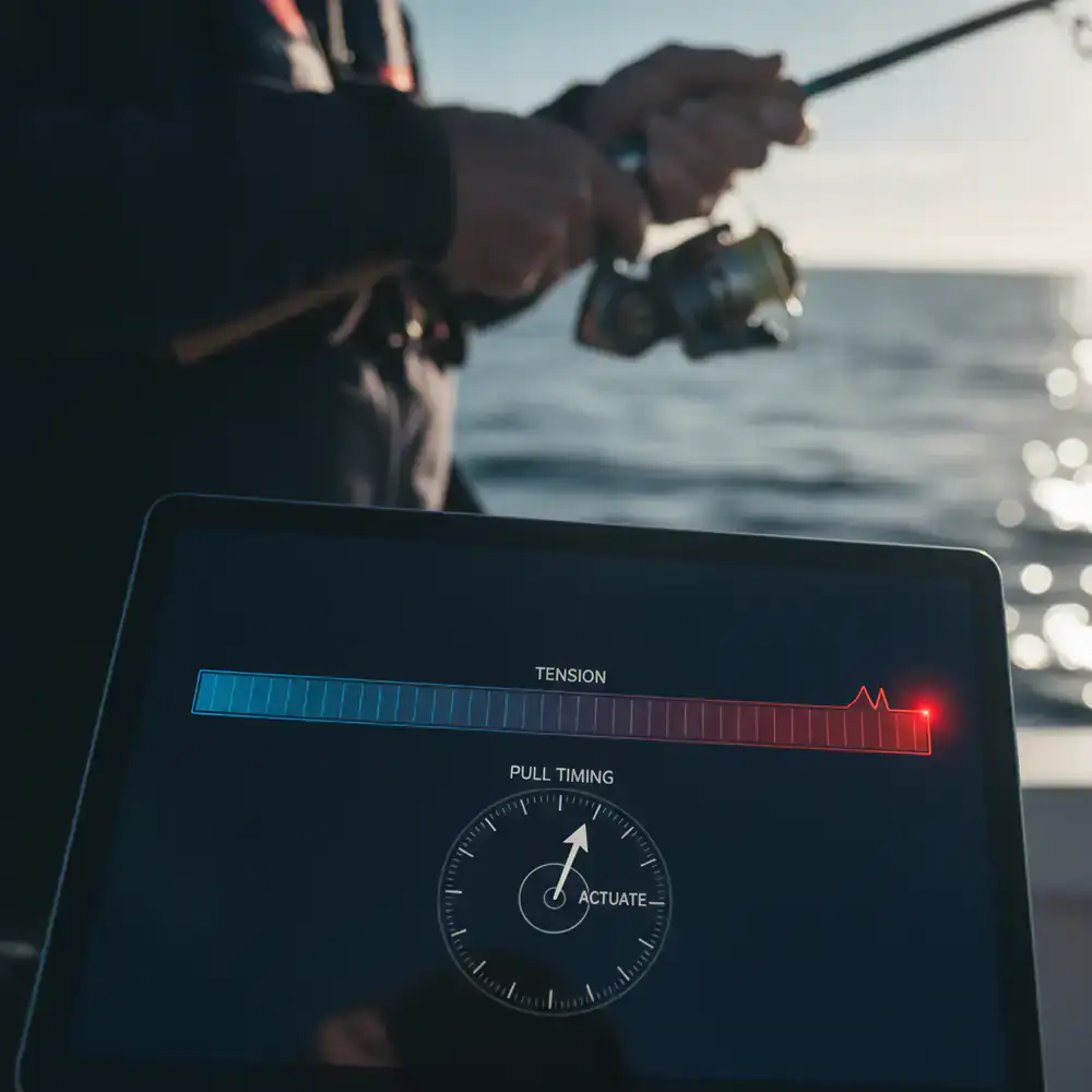 Interface do sistema de captura destacando a barra de tensão e o momento exato de puxar a linha