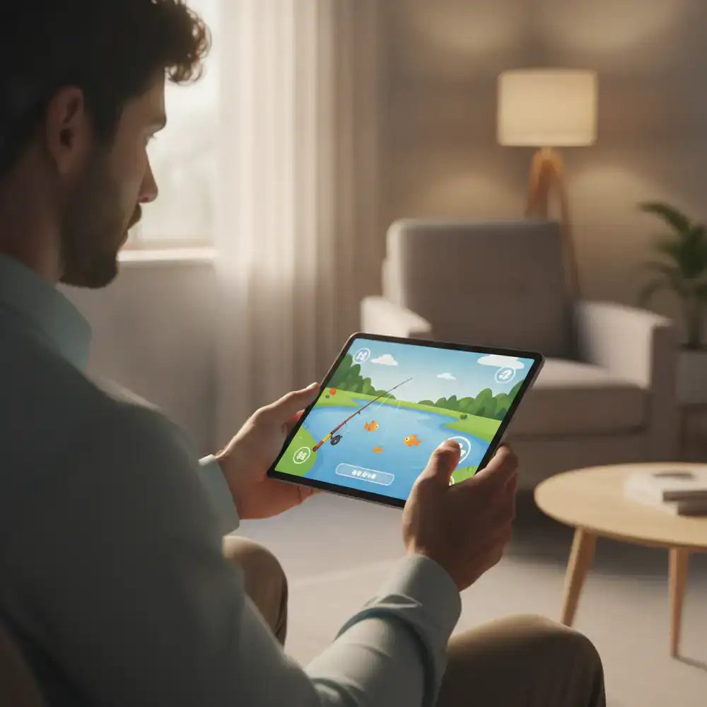 Jogador interagindo com o jogo de pesca virtual em um dispositivo móvel sob uma iluminação suave