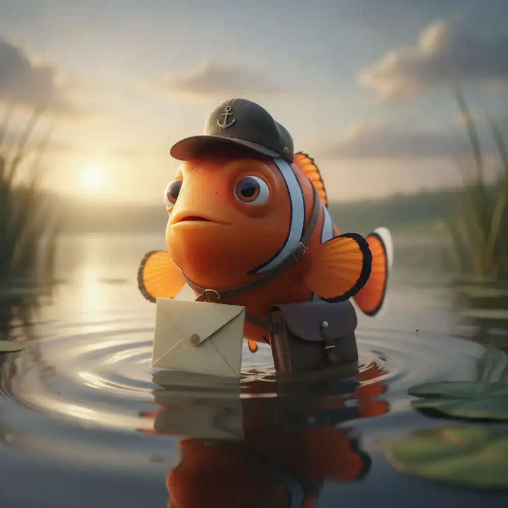 Personagem de um peixe carteiro carregando um envelope na superfície do lago sereno