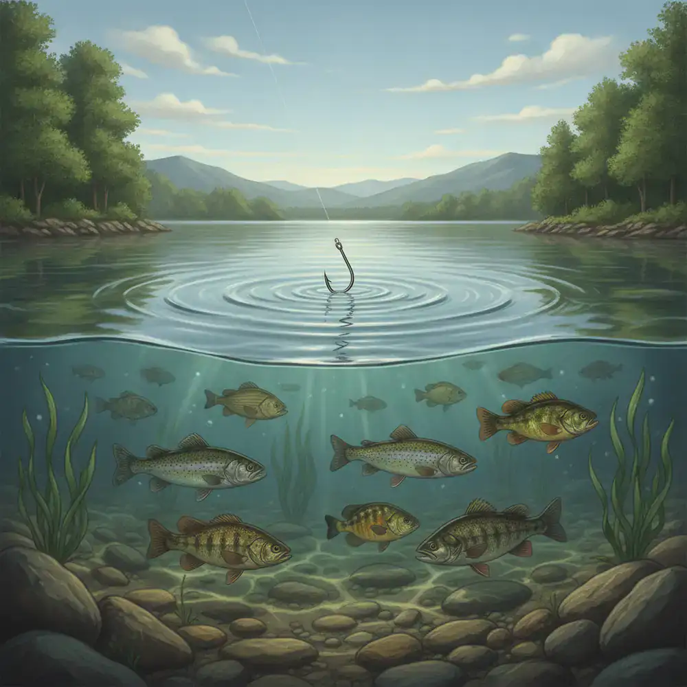 Ilustração de um lago tranquilo com um anzol na água e peixes nadando