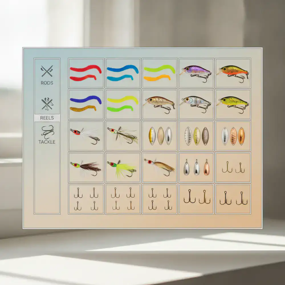 Interface de inventário mostrando diferentes tipos de iscas coloridas e anzóis organizados em grade.
