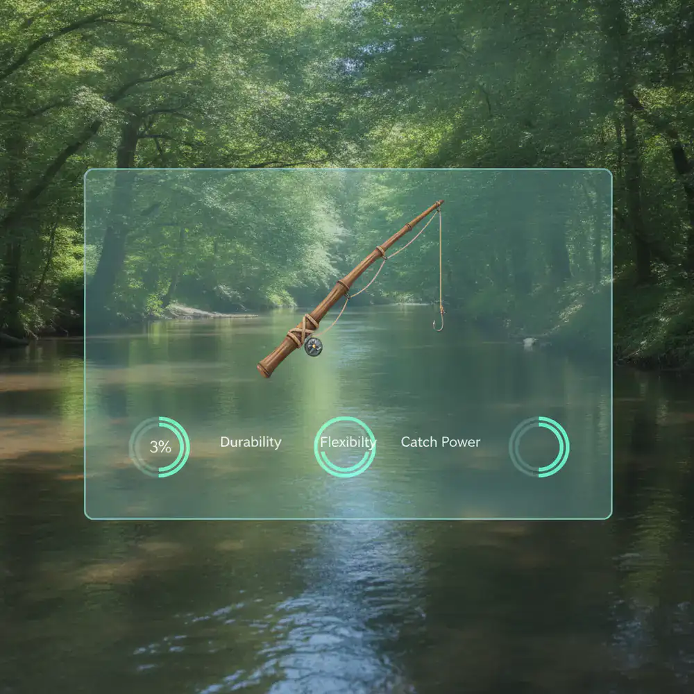Interface de inventário exibindo uma vara de pesca de bambu com seus atributos de resistência.