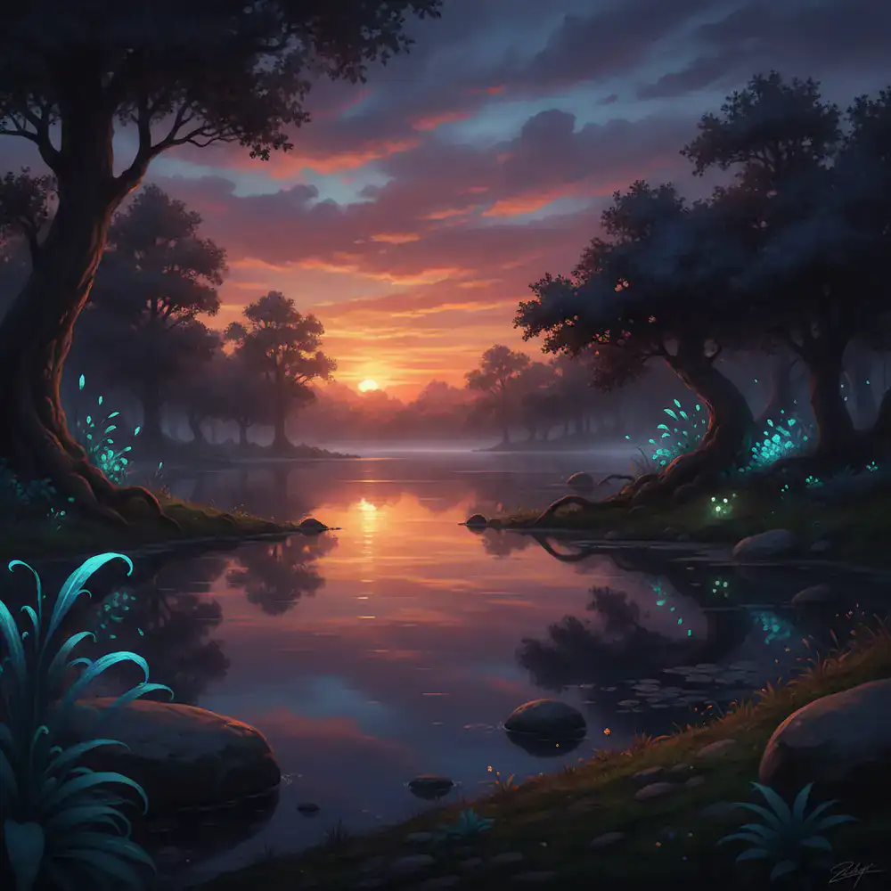 Arte conceitual de um lago sereno ao entardecer, exibindo o estudo de iluminação e vegetação usado no jogo.