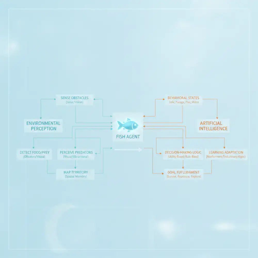 Diagrama técnico mostrando as rotas de inteligência artificial e percepção de ambiente dos peixes no jogo.