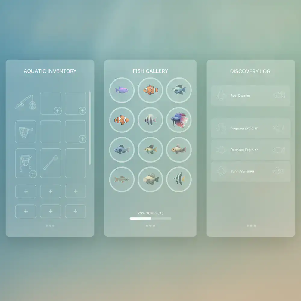 Telas de menu do jogo mostrando a coleção de peixes e inventário com um design limpo e cores relaxantes